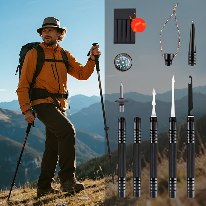 Tactical Trekking Pole Adjustable Hiking Stick | Titanium Alloy with Built-In Compass Canvas Storage Pouch & Combination Lock |