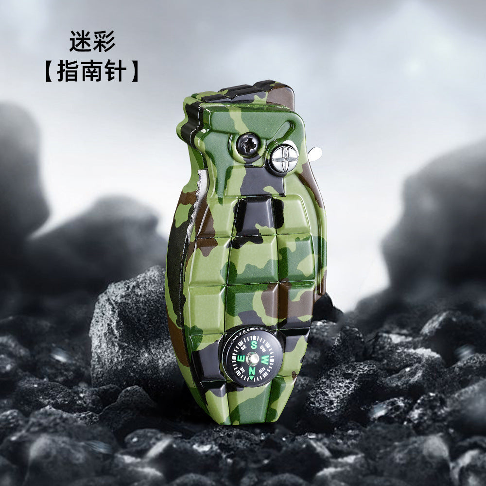 Camouflage Grenade-Shaped Butane Torch Lighter with Built-In Compass and 7.3 cm Body Height