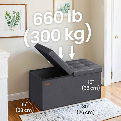 Storage Ottoman with Flip Top Lid, Foldable Faux Leather Chest Stool, 30" Wide Extra Seating & Blanket Storage for Entryway