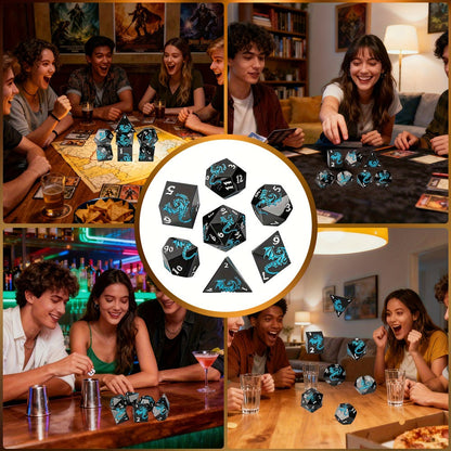 Dragon Metal Dice Set 7pcs Hand-Polished, Retro Carved Dragon Pattern Polyhedral DnD TTRPG RPG Dice with Dragon Storage Bag