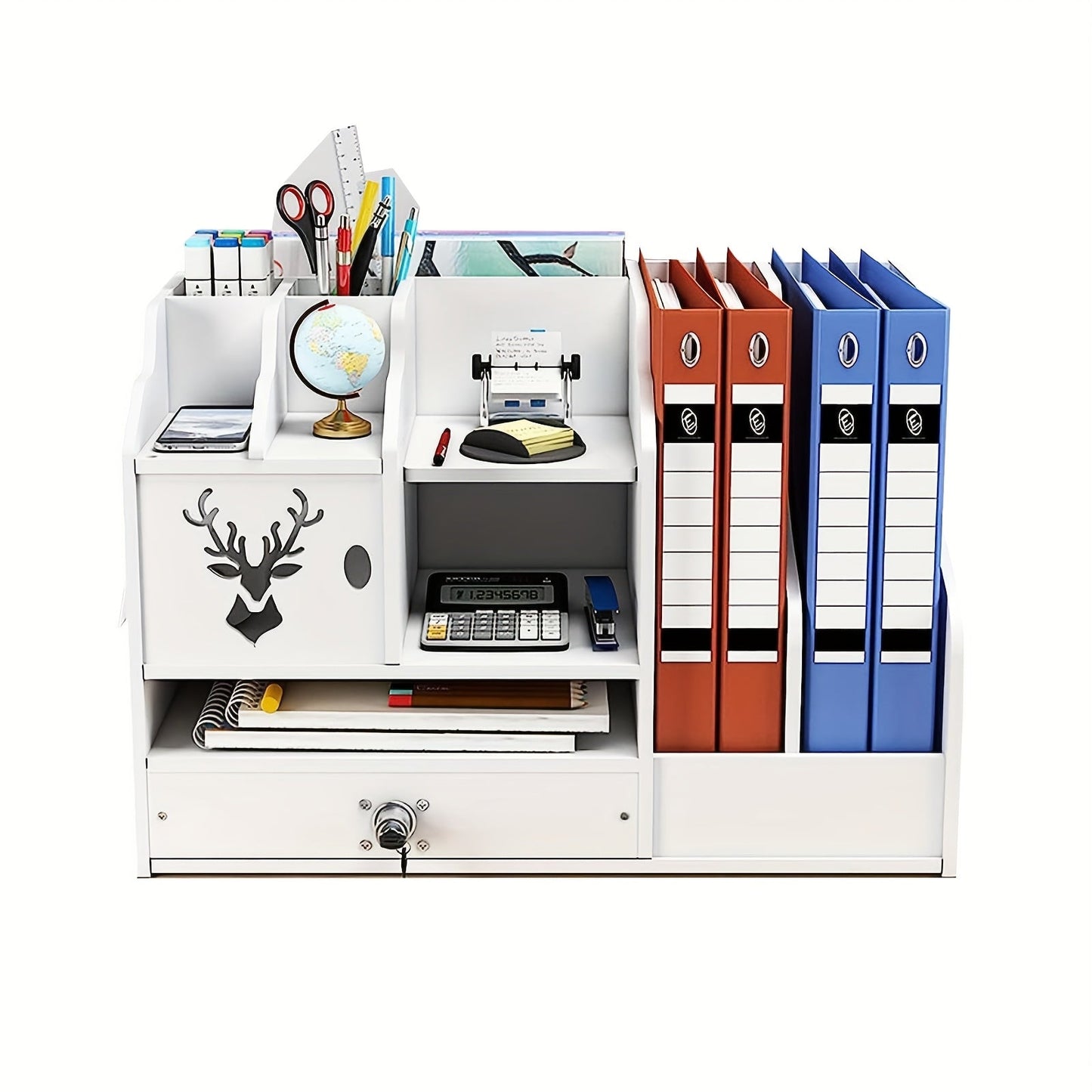 Desktop Storage Organizer with 11.81- or 19.69-Inch Six-Layer Rack and Locking Antler File Holder Options