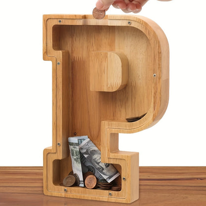Personalized Wooden Piggy Bank for Kids – A-Z Alphabet Letter Initial Coin & Bill Savings Bank for Boys & Girls