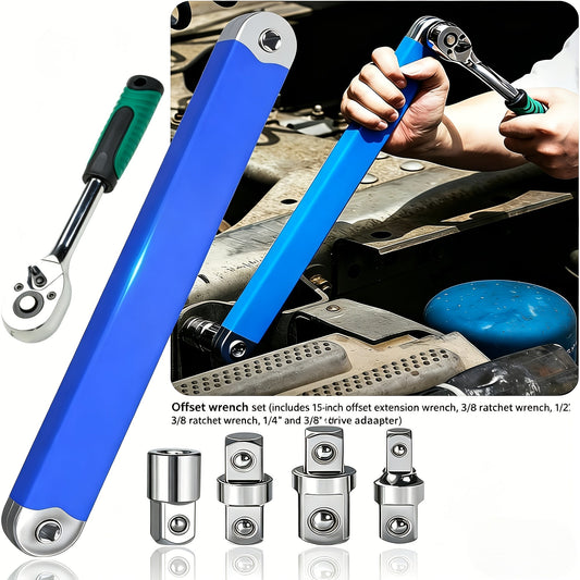 Zero Offset Extension Wrench Set 15-Inch – Impact-Ready 3/8" Ratchet Wrench with 1/2", 1/4" & 3/8" Drive Adapters