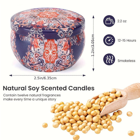 12-Piece Assorted Scented Tin Candle Gift Set with Pictured 2.2 oz Size and Decorative Patterns