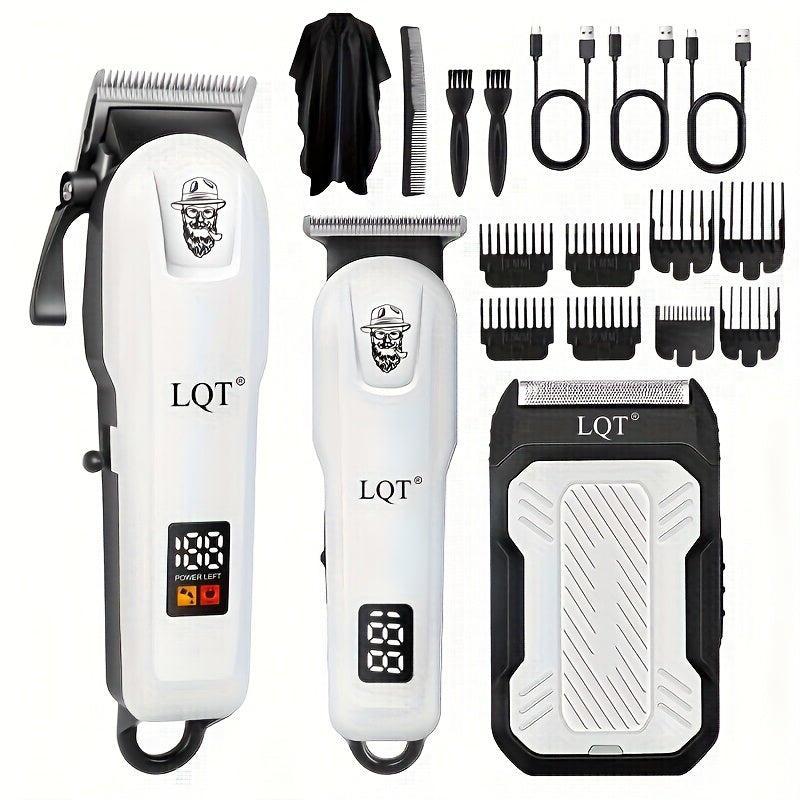 LQT White Hair Clipper Set with Digital Displays, USB Charging and Choice of 2-, 3- or 4-Piece Kits