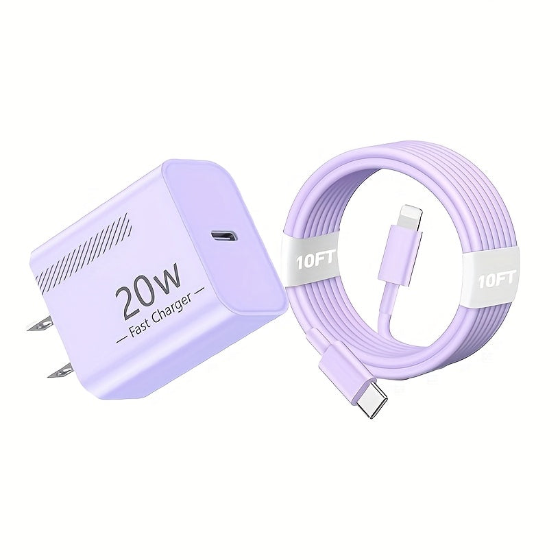 20W iPhone Fast Charger Bundle 3-Pack with 10ft L-Shaped Lightning Cable, 3 Chargers + 3 Cables Set for iPhone 14 13 12 11 Pro Max SE XR