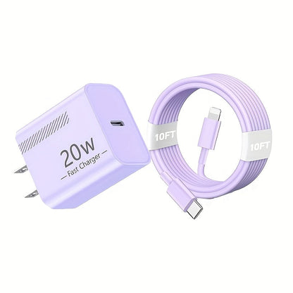 20W iPhone Fast Charger Bundle 3-Pack with 10ft L-Shaped Lightning Cable, 3 Chargers + 3 Cables Set for iPhone 14 13 12 11 Pro Max SE XR