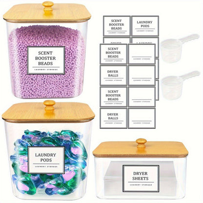 Laundry Pods Container & Dryer Sheet Holder Set with Bamboo Lids, Clear Laundry Room Organization Containers for Scent Booster, Powder