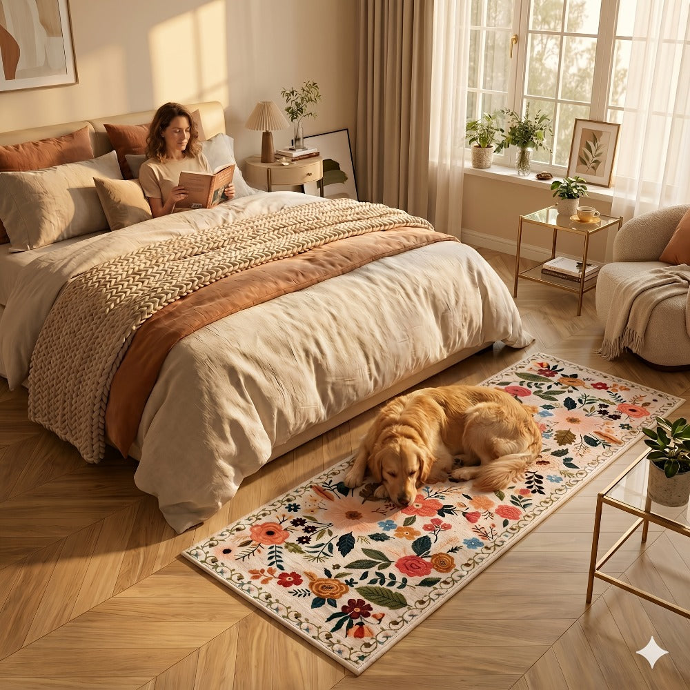 Area Rug for Bedroom, Bohemian Floral Plush Runner with Four Machine-Washable Sizes for Bedroom or Kitchen
