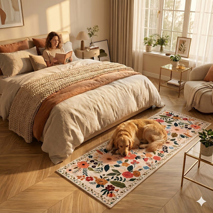 Area Rug for Bedroom, Bohemian Floral Plush Runner with Four Machine-Washable Sizes for Bedroom or Kitchen