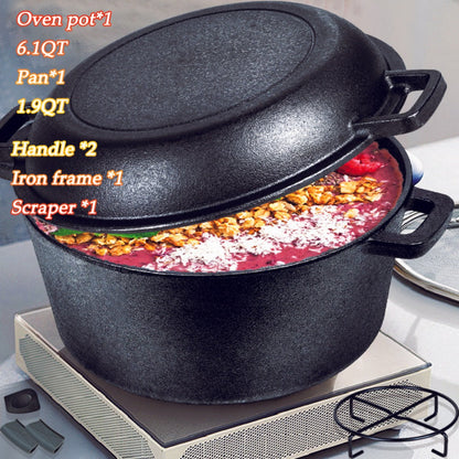 6-Piece Cast Iron Dutch Oven Set with 6.1QT Pot, 1.9QT Skillet Lid, Handle Covers, Support Frame and Scraper