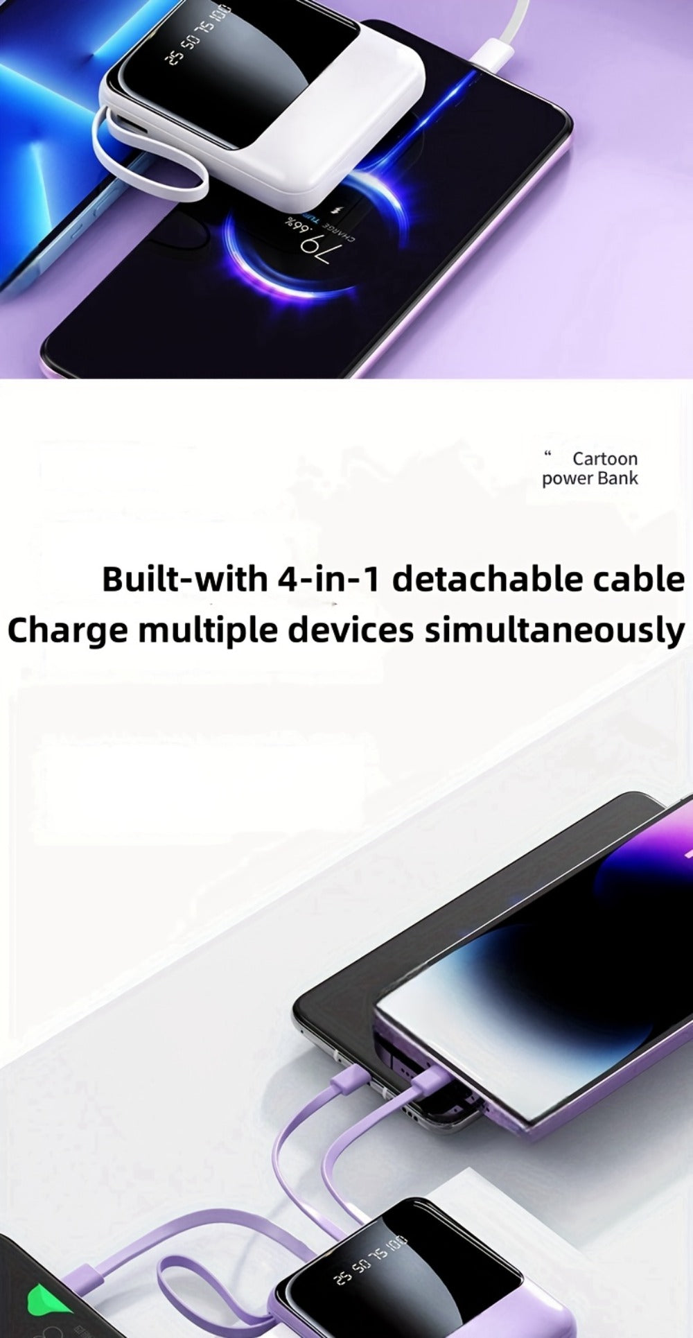 Power Bank 10000mAh with Built-In Cable Set, 5W/15W/22.5W selections, Display and Lanyard for Travel
