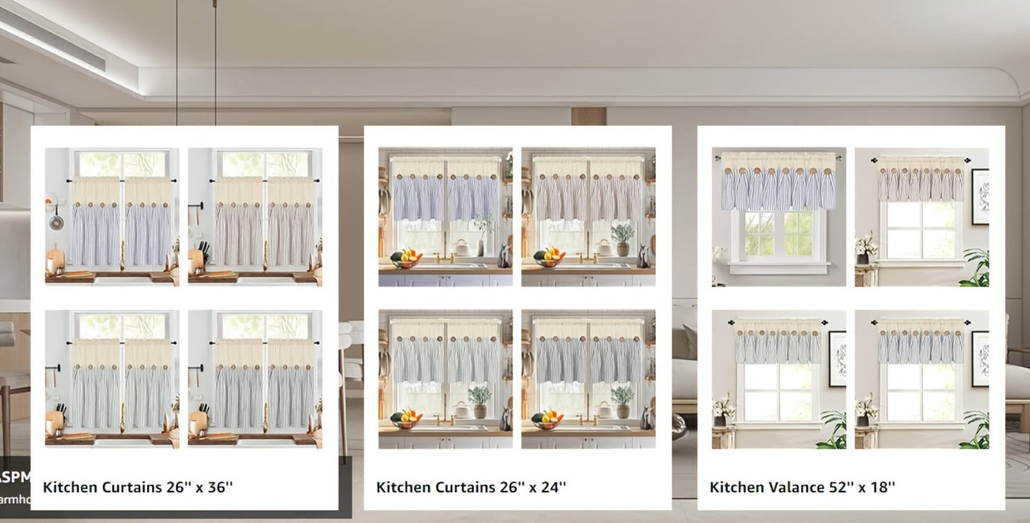 Striped Patchwork Window Curtain Set with Rod-Pocket Top, Six Colors and Five Panel-Count or Size Options