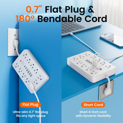 Power Strip with 11 AC Outlets, 4 USB-A, 2 USB-C and Short, 5-Foot or 10-Foot Standard or Braided Cord