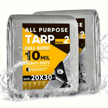 Tarp 2-Pack 10Mil 150GSM Black Silver, Tear-Proof Polyethylene Cover with Reinforced Grommets for Roof Pool Boat Car Camping & Outdoor