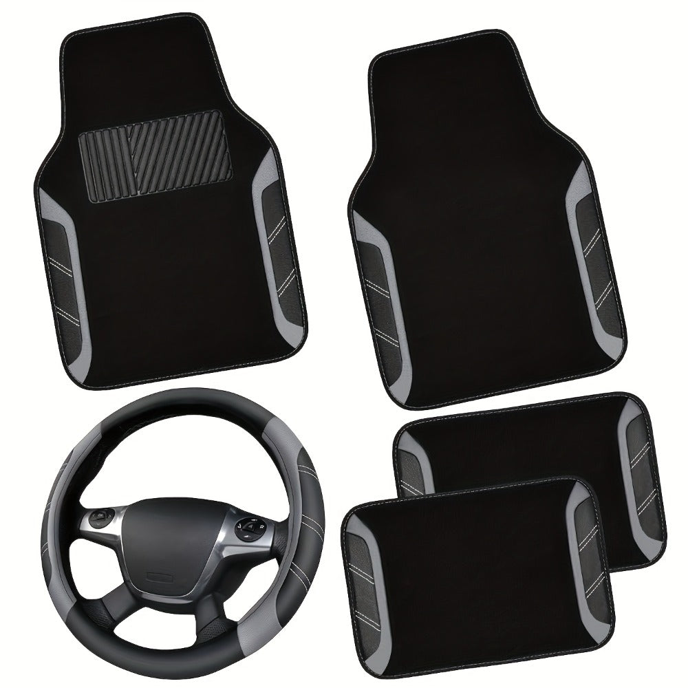Steering Wheel Cover & Waterproof Car Floor Mats Combo Set – Microfiber Anti-Slip Universal Fit 14.5-15 Inch for 95% Sedan SUV Cars
