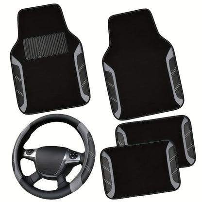 Steering Wheel Cover & Waterproof Car Floor Mats Combo Set – Microfiber Anti-Slip Universal Fit 14.5-15 Inch for 95% Sedan SUV Cars