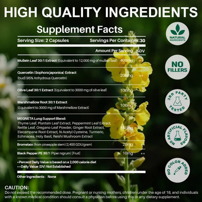 Mullein Leaf Lung Health Supplement with Quercetin, Bromelain, Vitamin C & D3, Zinc & Selenium