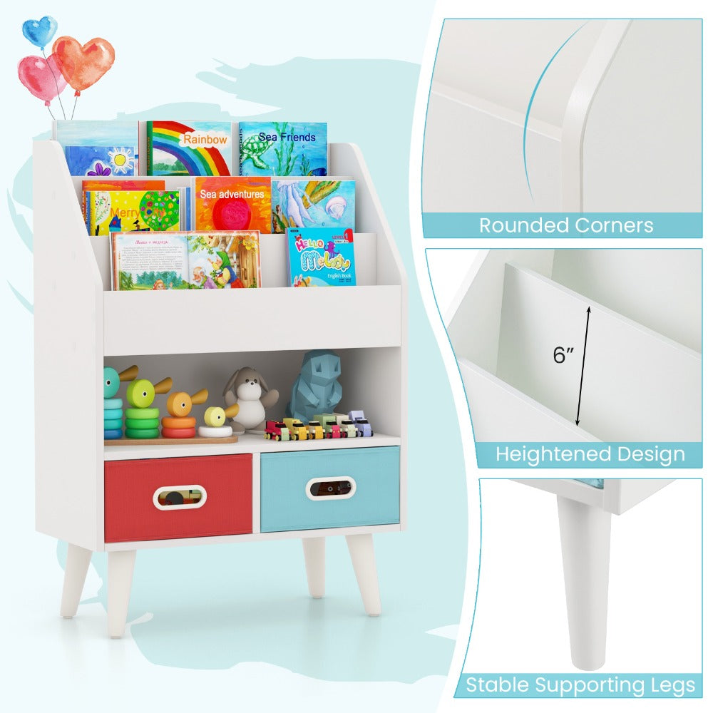 Kids Bookshelf 3-Tier with 2 Fabric Bins Open Compartments Anti-Tip Safety Design Sturdy MDF for Entryways, Bedrooms and Living Spaces