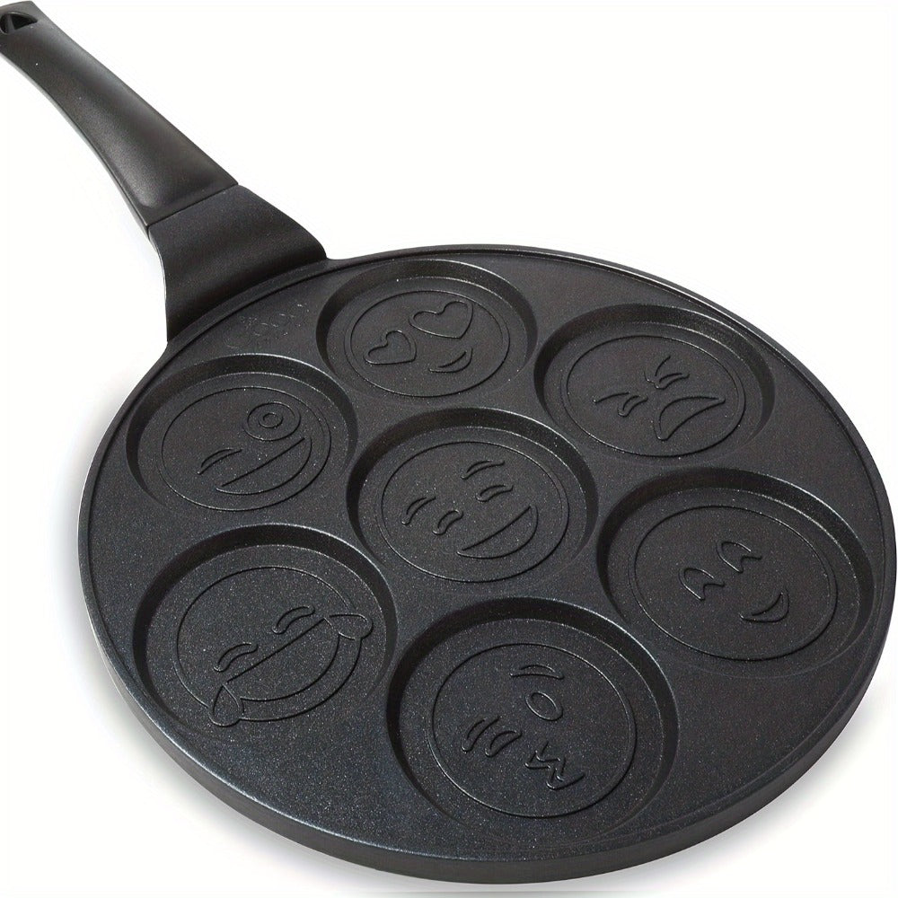 7-Hole Non-Stick Pancake Pan Smiley Face, Aluminum Alloy Breakfast Maker with Detachable Handle for Gas Stove