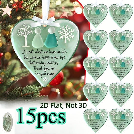 Acrylic Heart Friendship Ornaments 15 Pack – Heart-Shaped Sea Hanging Decor with Inspirational Quote, Christmas Tree Ornaments