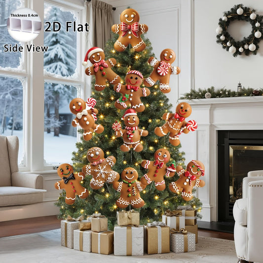 Christmas Tree Ornaments 12pcs Gingerbread Man Decorations 2D Flat Funny Xmas Tree Hanging Decor with Loops
