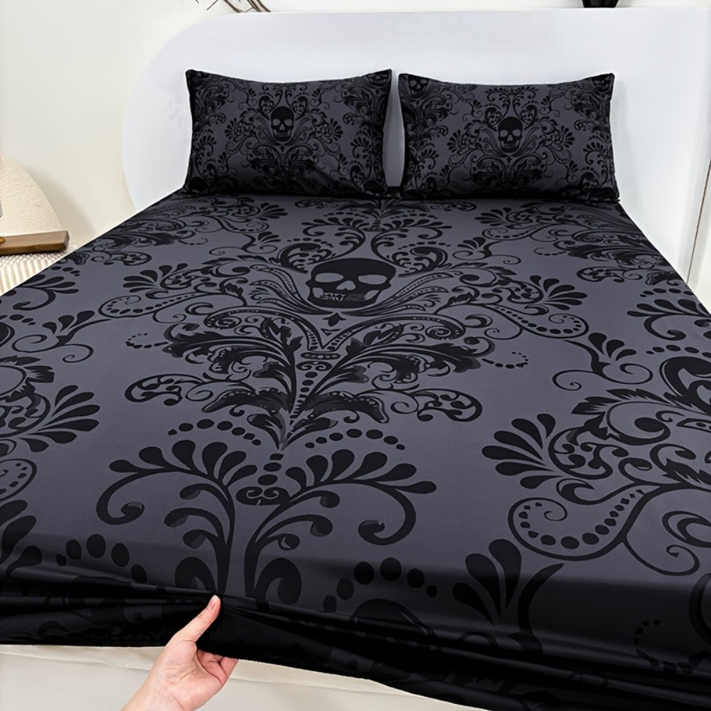 Gothic Skull Fitted Sheet Set 3-Piece, Victorian Baroque Halloween Bedding, 1 Deep Pocket Fitted Sheet + 2 Pillowcases