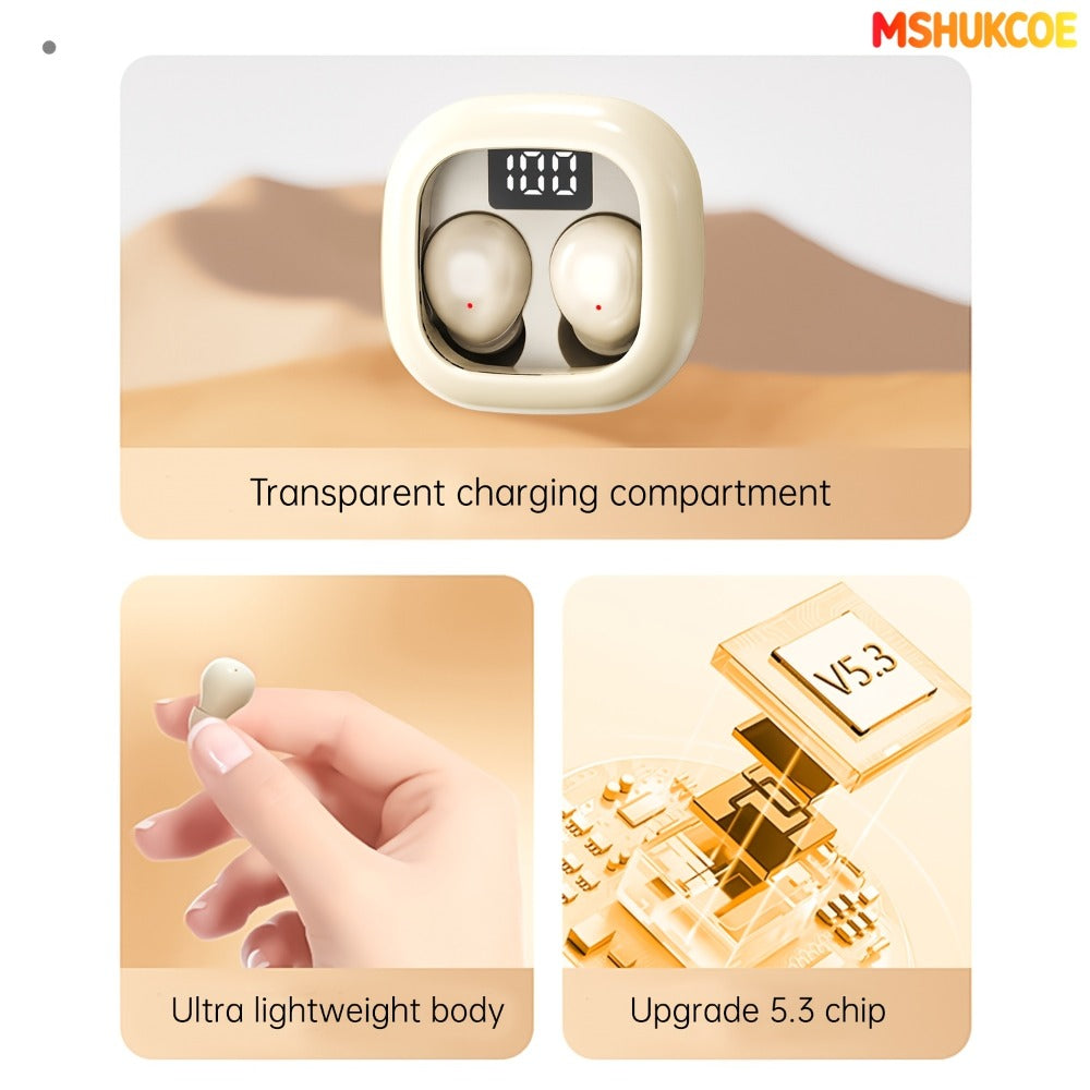 Wireless Earbuds MSHUKCOE Ultra-Thin Sleep and Game Modes with Compact Case in Khaki or White