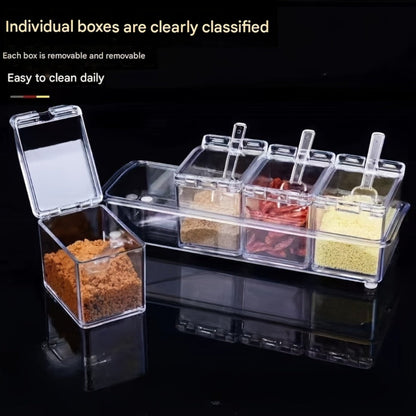 Four-Grid Clear Spice Box Set with Individual Flip-Top Lids, Shared Base, Four Compartments and 26cm Length