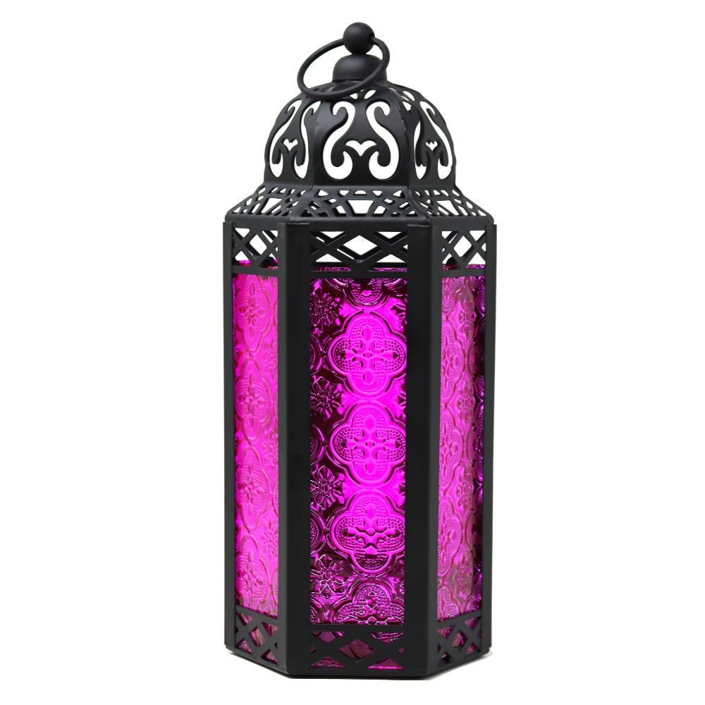Moroccan Candle Lantern Holder - Decorative Metal & Glass Lantern with Embossed Floral Design for Indoor Home Decor