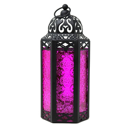 Moroccan Candle Lantern Holder - Decorative Metal & Glass Lantern with Embossed Floral Design for Indoor Home Decor