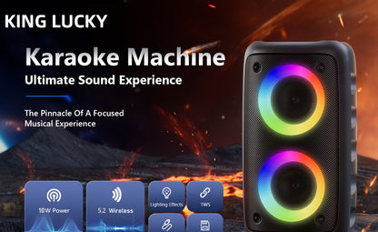 Portable Bluetooth Speaker Kinglucky Karaoke Model with 5.2 Wireless, RGB Lights, Included Mic, USB, TF and FM