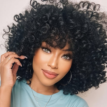 Synthetic Wig 14-Inch Kinky Curly Afro with Bangs, 180% Density and Stretch Net Cap for Daily Style