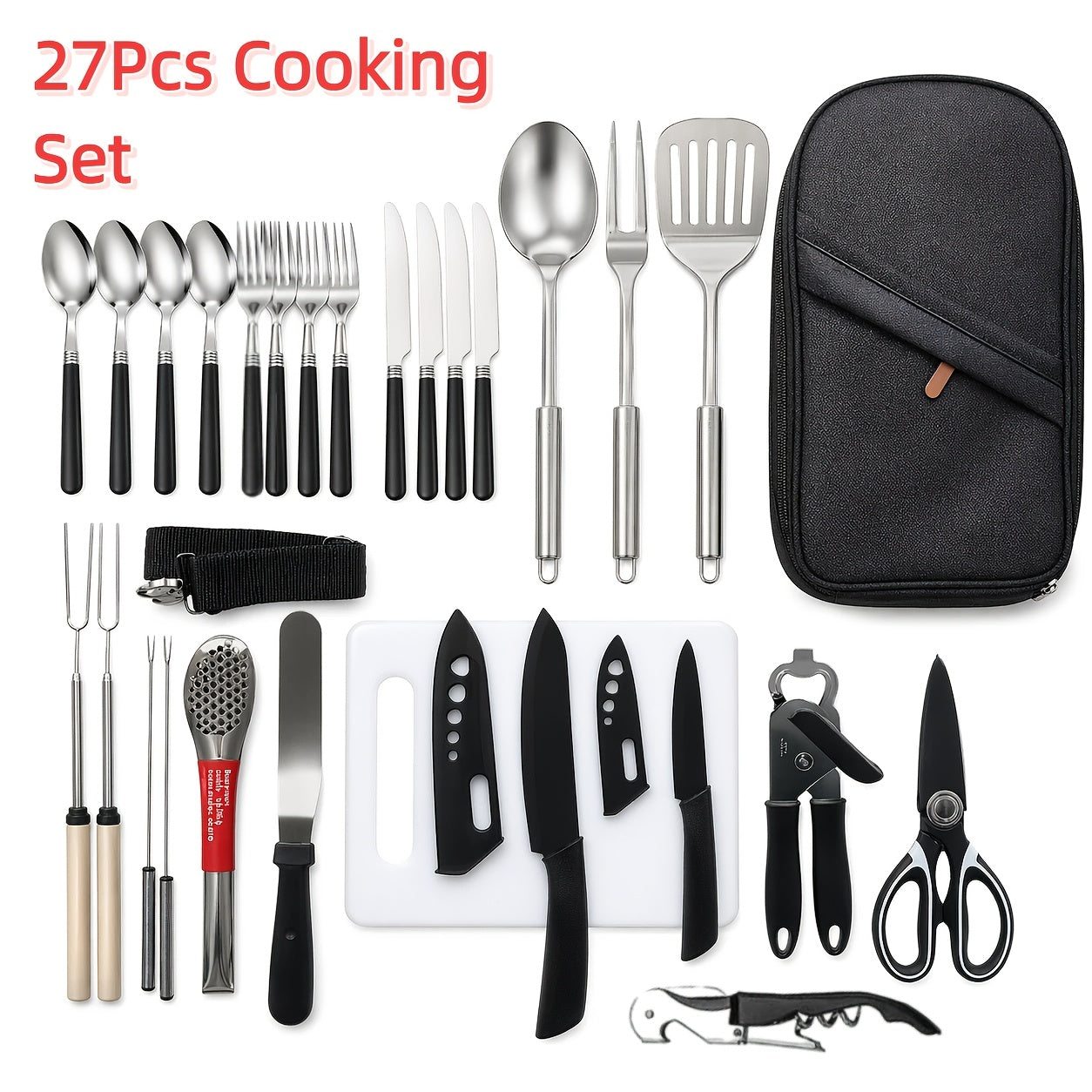 Camping Cookware Set, 10- or 27-Piece Stainless Steel Outdoor Utensil Kit with Knives, Flatware and Organizer Bag