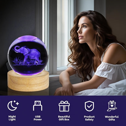 3D Elephant Crystal Ball LED Lamp USB Powered Colorful Night Light Wooden Base Elephant for Entryways, Bedrooms and Living Spaces
