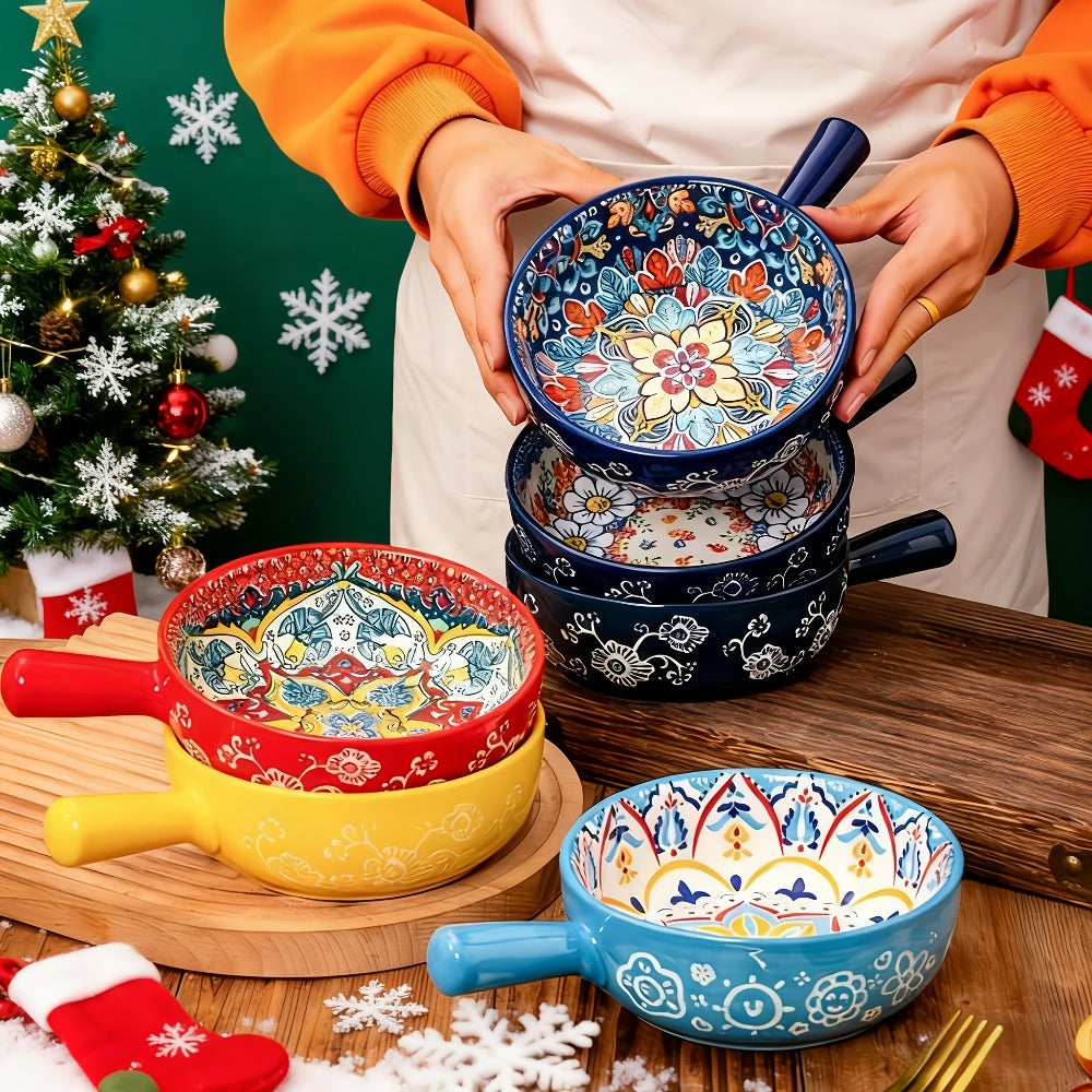 Ceramic Salad Bowl Set of 4 Bohemian Style 8.7 Inch with Handles Microwave and Oven Safe Colorful Serving Bowls for Home Baking Table