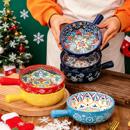 Ceramic Salad Bowl Set of 4 Bohemian Style 8.7 Inch with Handles Microwave and Oven Safe Colorful Serving Bowls for Home Baking Table