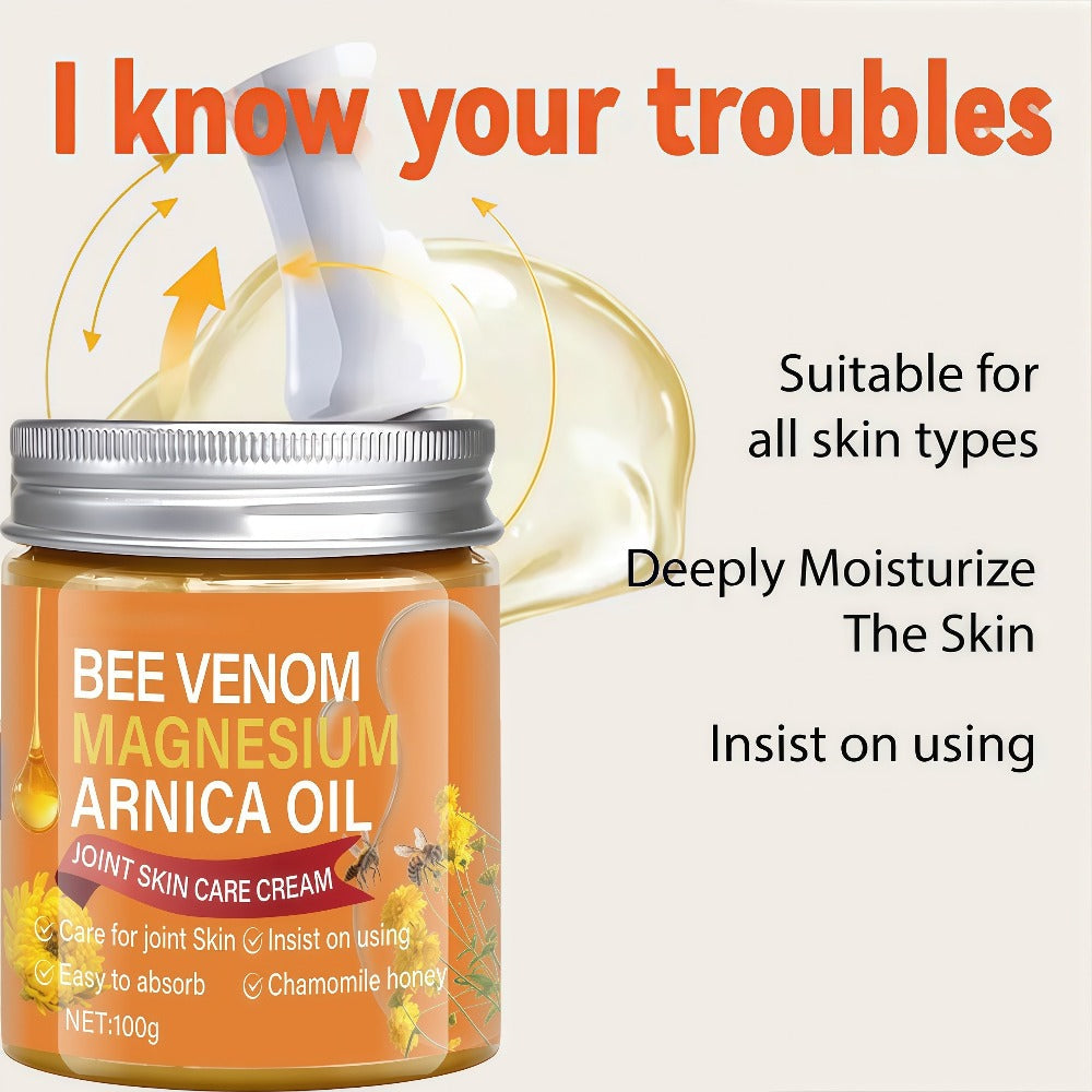 Body Cream 100g Amber Jar with Bee Venom Magnesium and Arnica Oil Package Callouts for External Massage Use