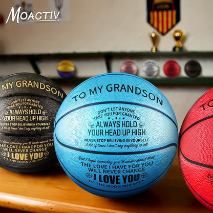 Engraved Basketball Gift for Grandson & Son – Size 7 PU Indoor Outdoor with Pump, Inspirational Message, Birthday Christmas Gift