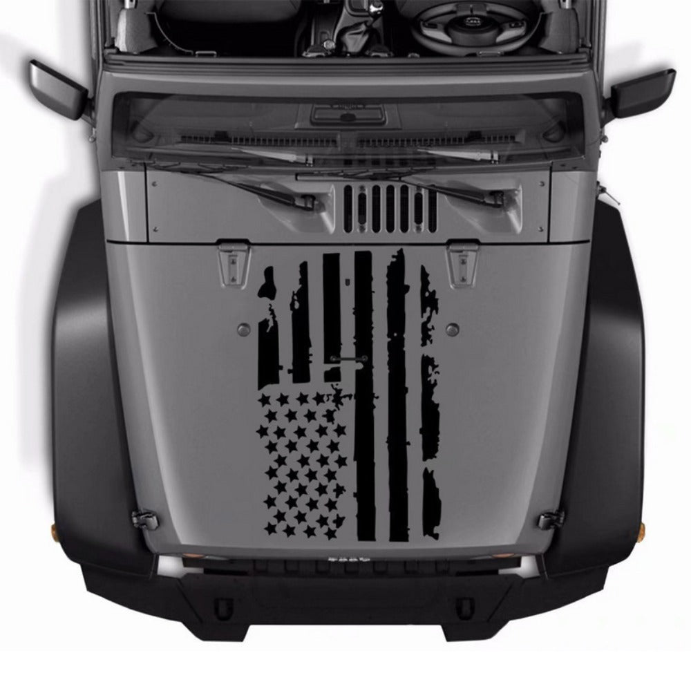 Distressed American Flag Hood Vinyl Decal, 35.4 × 19.7 Inches in Black or Transparent-Base Black