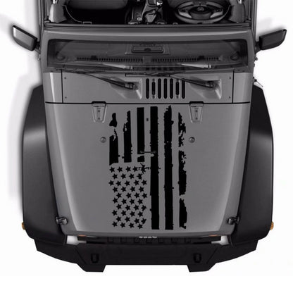Distressed American Flag Hood Vinyl Decal, 35.4 × 19.7 Inches in Black or Transparent-Base Black
