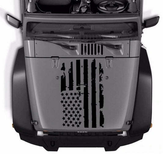 Distressed American Flag Hood Vinyl Decal, 35.4 × 19.7 Inches in Black or Transparent-Base Black