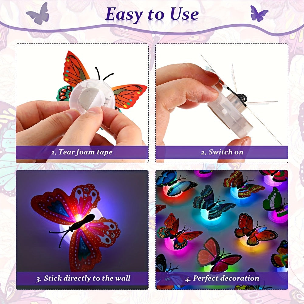 LED Butterfly Wall Stickers 30pcs 3D Glowing Butterfly Decorations Night Light Colorful Wall for Entryways, Bedrooms and Living Spaces