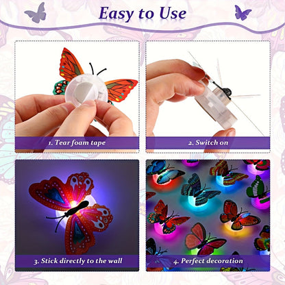 LED Butterfly Wall Stickers 30pcs 3D Glowing Butterfly Decorations Night Light Colorful Wall for Entryways, Bedrooms and Living Spaces