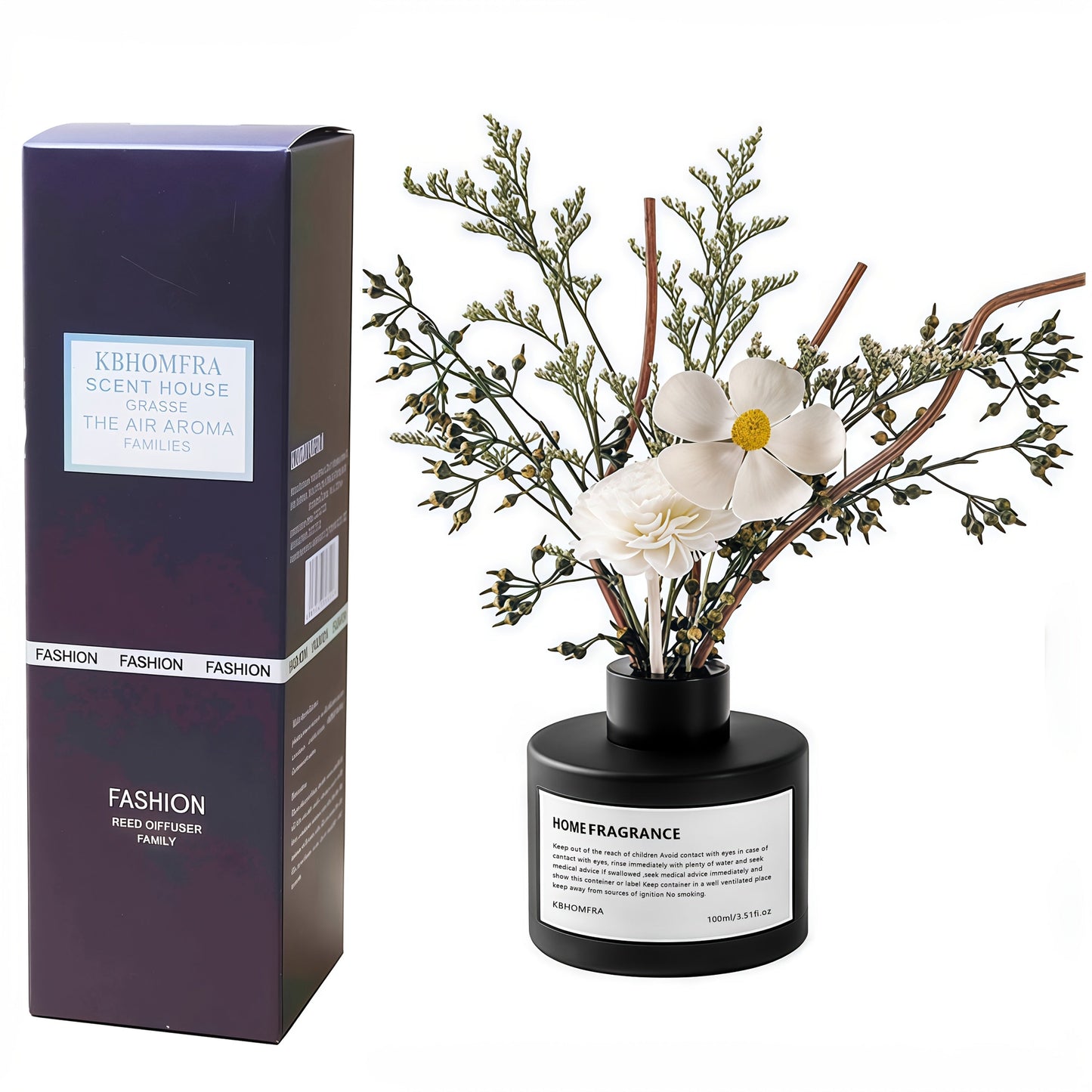Reed Diffuser Set with Dried Flowers, Jasmine, Cedar, Sandalwood & Gardenia Scents, 120ml 90-Day Home Fragrance