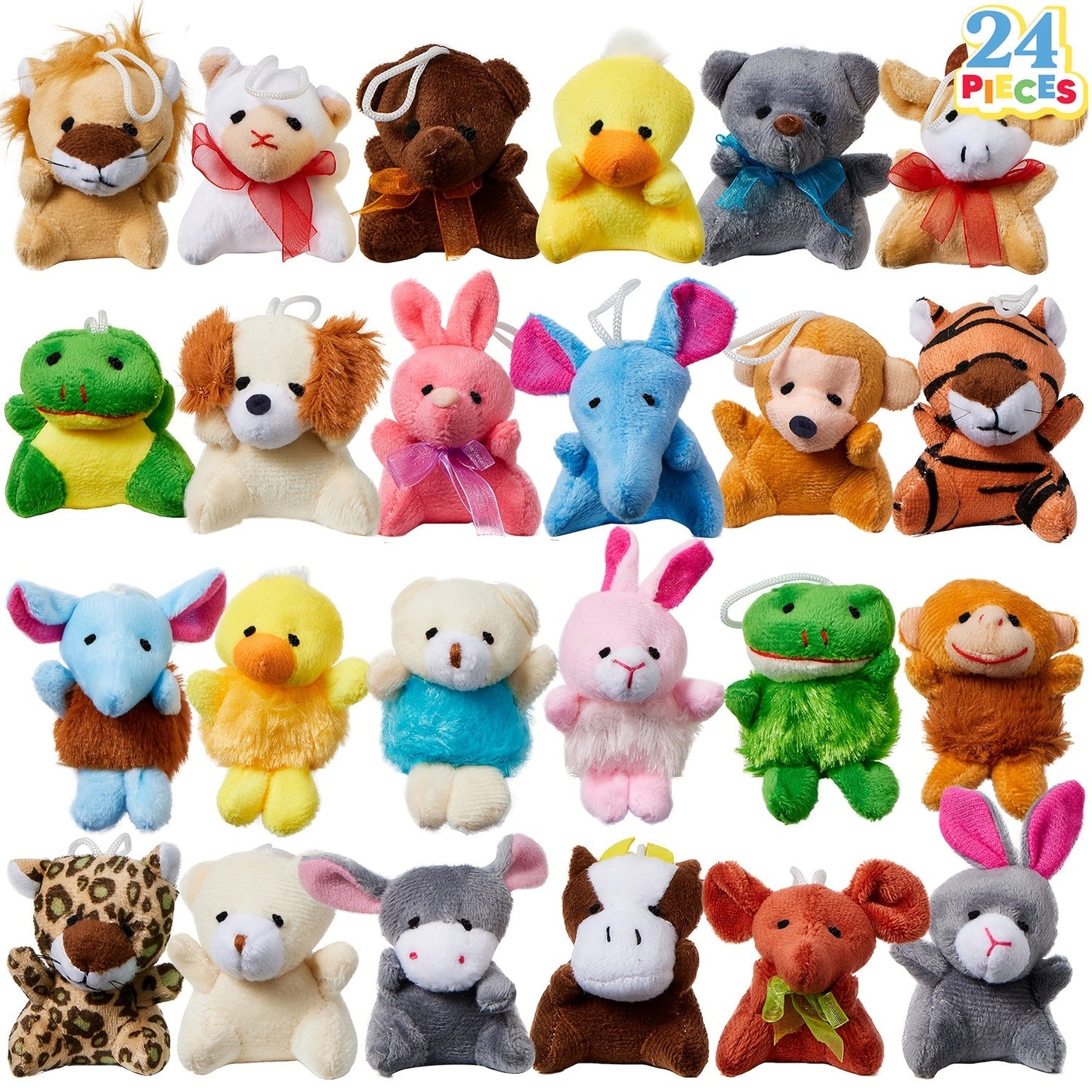 24-Piece Mini Plush Animal Keychain Set with 2.4–3.2 Inch Assorted Figures and Hanging Loops