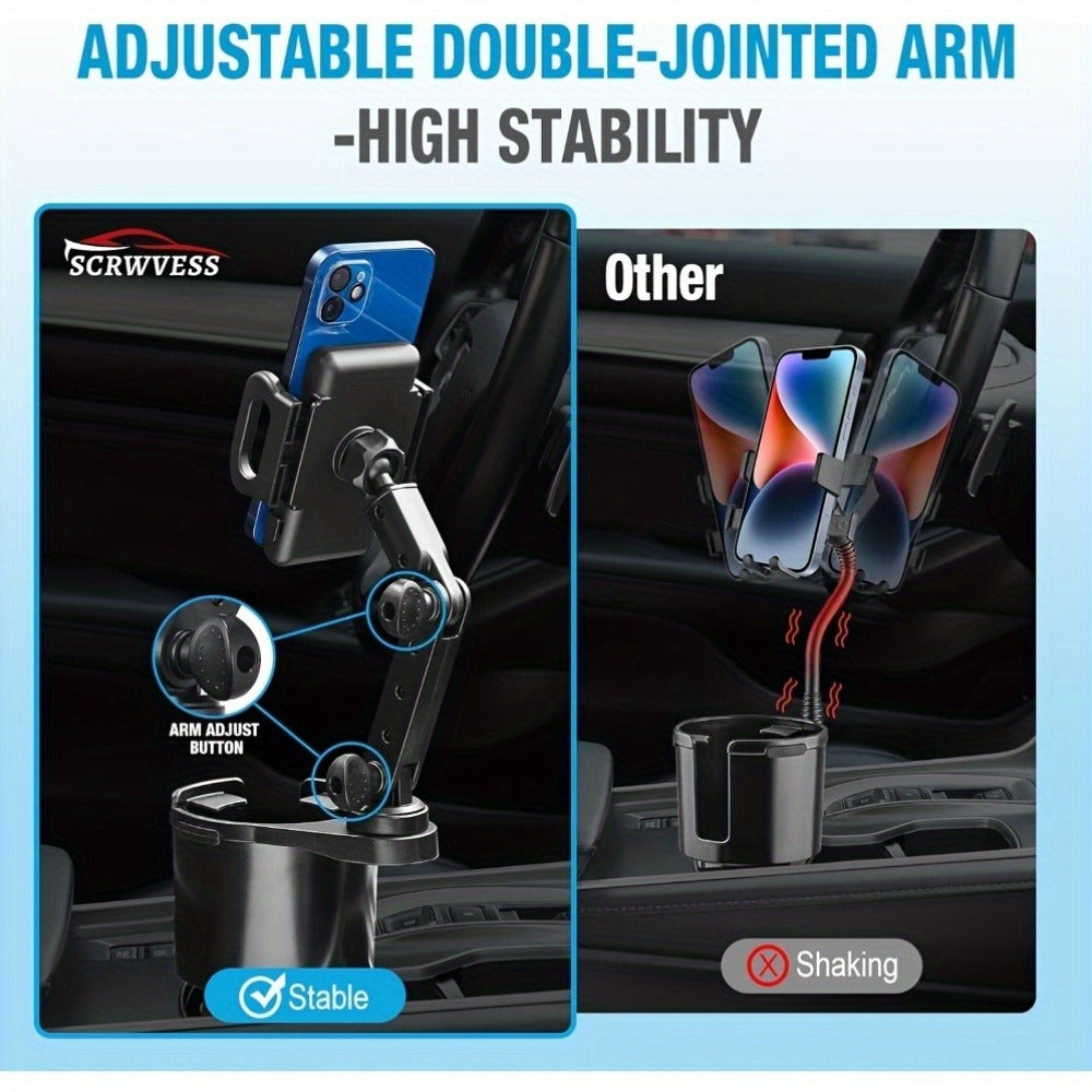 2-in-1 Car Phone Holder & Cup Holder Extender – Swivel Rotating Mount with Shock-Absorbing Trim, Universal for Cars, SUVs & Trucks, Black