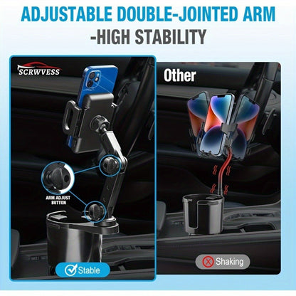 2-in-1 Car Phone Holder & Cup Holder Extender – Swivel Rotating Mount with Shock-Absorbing Trim, Universal for Cars, SUVs & Trucks, Black