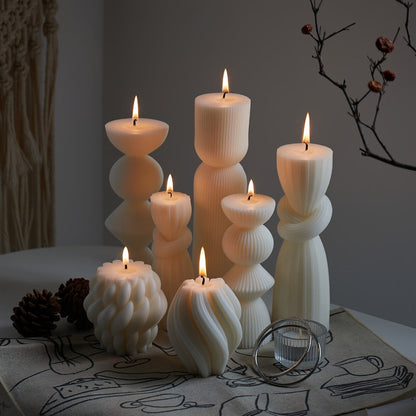 Ribbed Pillar Candles 7-Pack Large Soy Wax, Handmade Aesthetic Pillar Candle Set for Home Decor, Wedding Centerpiece