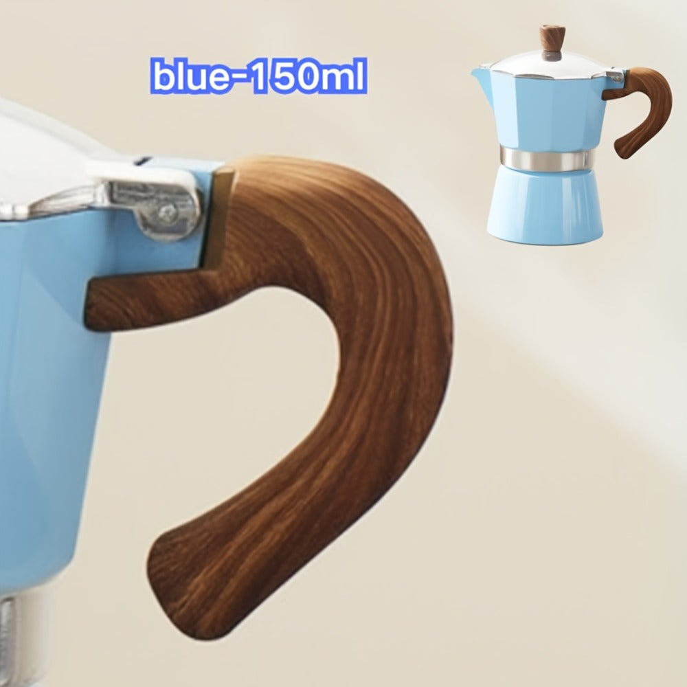 Classic 150ml Stovetop Moka Pot with Faceted Body, Wood-Look Handle and Seven Color Options